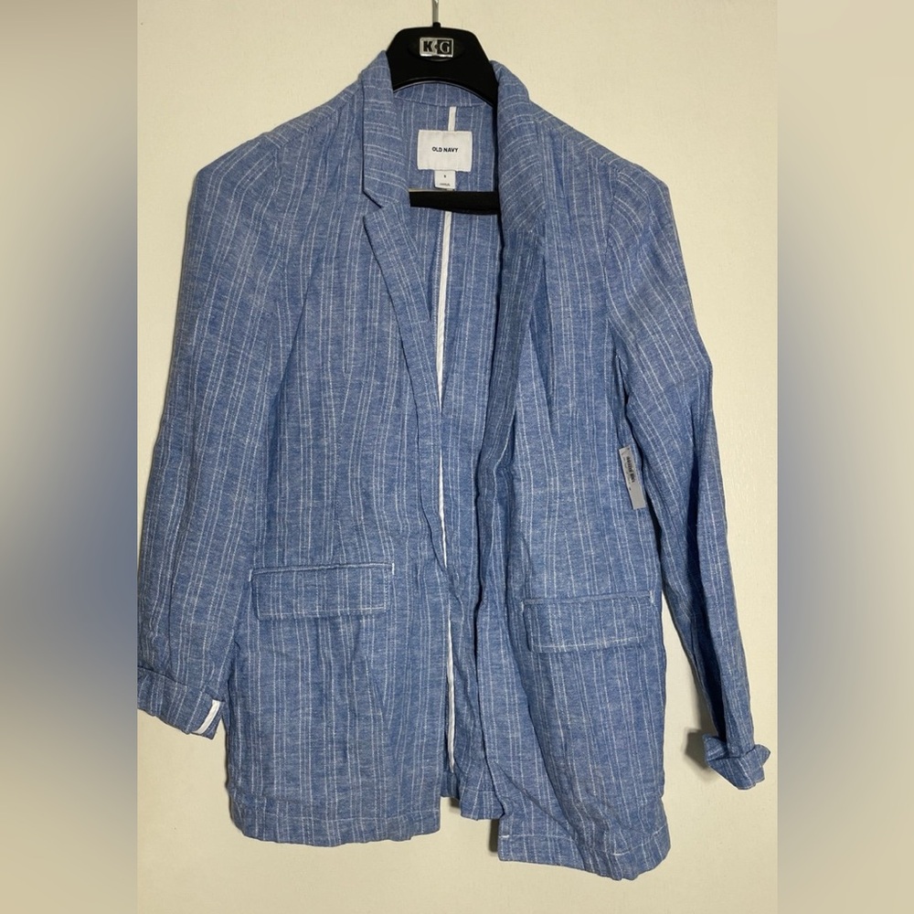 Old Navy women size s Linen Blend Blazer Jacket New w/ tags Blue White striped